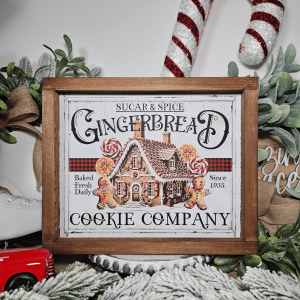 Cadre décoratif farmhouse Gingerbread Cookie Company en bois, style vintage Noël avec maison pain d’épices et biscuits