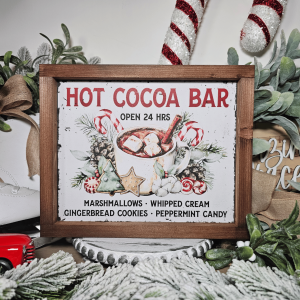 Cadre décoratif farmhouse Hot Cocoa Bar en bois, style vintage Noël avec tasse de chocolat chaud, biscuits et guimauves