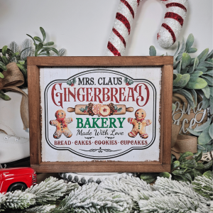 Cadre décoratif farmhouse Mrs. Claus Gingerbread Bakery en bois, style vintage Noël avec bonshommes pain d’épices et rouleau à pâtisserie