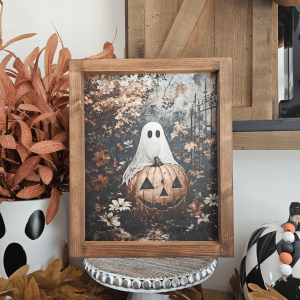 Cadre décoratif farmhouse Ghost Pumpkin en bois, style Halloween vintage avec citrouille sculptée et petit fantôme
