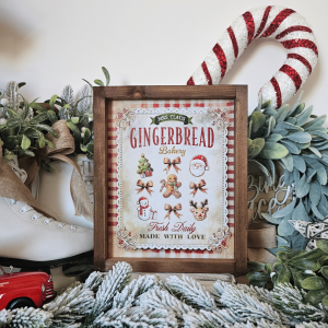Cadre décoratif farmhouse Mrs Claus Gingerbread Bakery en bois, style vintage Noël avec biscuits pain d’épices et rayures rouges