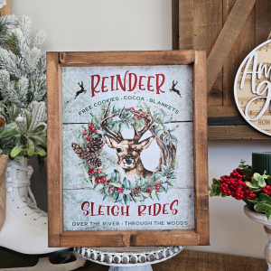 cadre décoration Noël farmhouse avec cerf et texte Reindeer Sleigh Rides