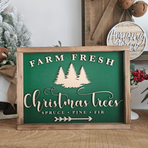 Cadre sign farmhouse Farm Fresh Christmas Trees vert sapin, déco murale Noël rustique en bois