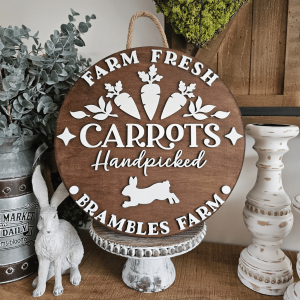 Enseigne farmhouse ronde en bois Farm Fresh Carrots Ø 30 cm – déco cuisine rustique
