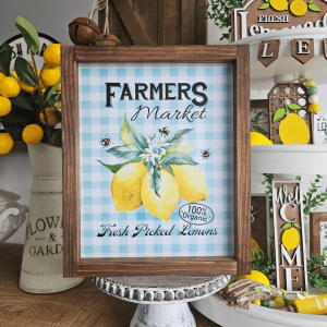 Cadre sign farmhouse Farmers Market Fresh Picked Lemons – vichy bleu – 29 x 23,5 cm