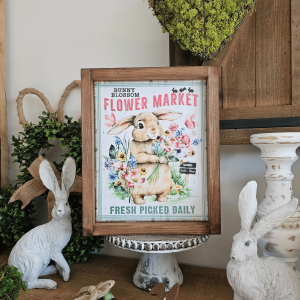 Cadre sign farmhouse Bunny Blossom Flower Market avec lapin et bouquet de fleurs