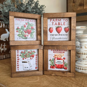 Lot de 4 mini cadres farmhouse fraises en bois pour décoration cuisine campagne chic