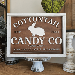 Cadre sign farmhouse Cottontail Candy Co avec lapin en bois style vintage