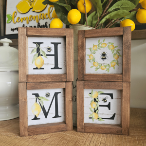 Lot de 4 mini cadres sign farmhouse HOME avec citrons et abeilles en bois