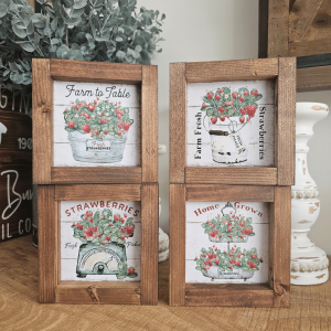 Mini cadre farmhouse fraises vintage en bois pour décoration cuisine campagne chic
