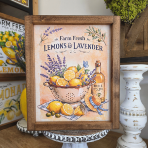 Cadre sign farmhouse Lemons and Lavender avec citrons, lavande et passoire ancienne