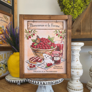Cadre sign farmhouse framboises avec illustration gourmande réalisée avec Sweet and Cosy