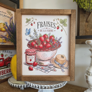 Cadre décoratif Fraises de la Ferme en bois style campagne chic avec illustration de fraises et pot de confiture