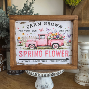 Cadre sign farmhouse Spring Flower en bois avec pick-up rose vintage et fleurs colorées