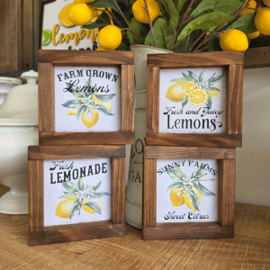 Lot de 4 mini cadres sign farmhouse citron en bois avec motifs lemons et inscriptions vintage