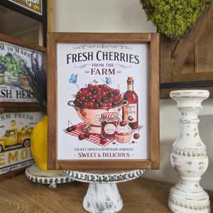 cadre sign farmhouse fresh cherries from the farm en bois avec cerises confiture maison et sirop pour décoration cuisine vintage