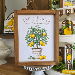 cadre sign farmhouse cottage rustique citron en bois avec citronnier en pot pour décoration cuisine campagne chic