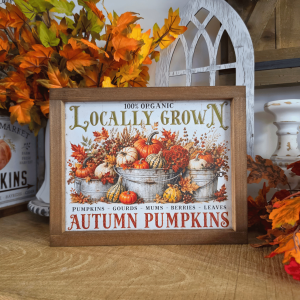 cadre sign farmhouse locally grown autumn pumpkins en bois avec citrouilles courges et feuilles d’automne pour décoration automne vintage