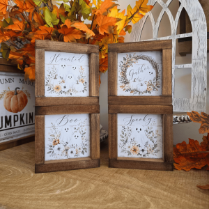 Lot de 4 minis cadres sign farmhouse Halloween en bois avec fantômes souriants, citrouilles blanches et inscriptions Haunted, Gather, Boo et Spooky.