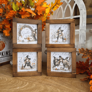 Lot de 4 mini cadres Halloween farmhouse en bois avec illustrations de sorcières, citrouilles et feuilles d’automne