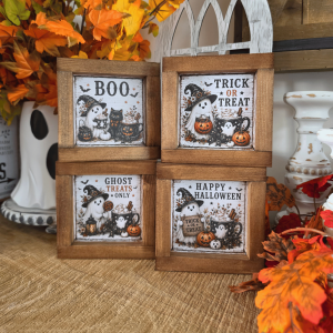 Lot de 4 mini cadres Halloween farmhouse avec fantômes, citrouilles, chat noir et inscriptions trick or treat
