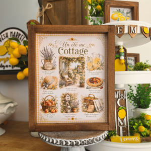 Cadre été cottage farmhouse en bois avec lavande, citronnade, fruits d’été, panier et terrasse fleurie