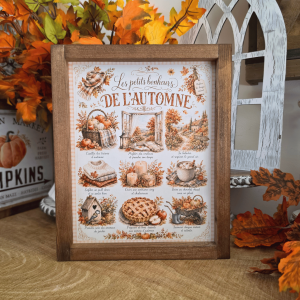 Cadre sign farmhouse Les petits bonheurs de l’automne en bois avec illustrations de citrouilles, feuilles orangées et ambiance cosy