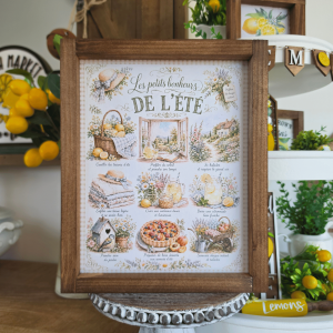 Cadre sign farmhouse Les Petits Bonheurs de l’Été avec citrons et fleurs champêtres