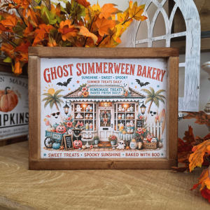 Cadre sign farmhouse Ghost Summerween Bakery avec fantômes, citrouilles et boulangerie Summerween