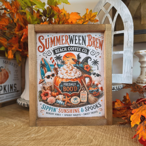 Cadre sign farmhouse Summerween Brew avec fantômes, citrouilles, café et palmiers