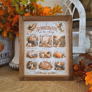 Cadre sign farmhouse Summerween at the Cottage avec citrouilles, fantômes et cottage automnal