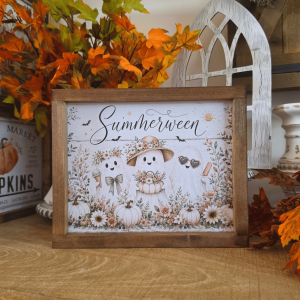 Cadre sign farmhouse Summerween avec petits fantômes, citrouilles blanches et fleurs