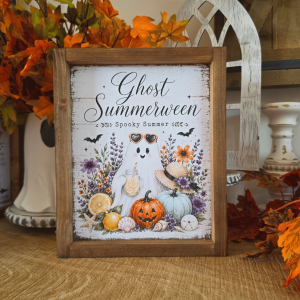 Cadre sign farmhouse Ghost Summerween avec fantôme, citrouilles, citrons et coquillages