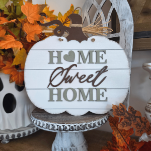 Sign farmhouse pumpkin Home Sweet Home blanc en forme de citrouille avec lettres en relief et raphia