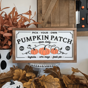 Cadre sign farmhouse Pick Your Own Pumpkin Patch XL avec trois citrouilles orange
