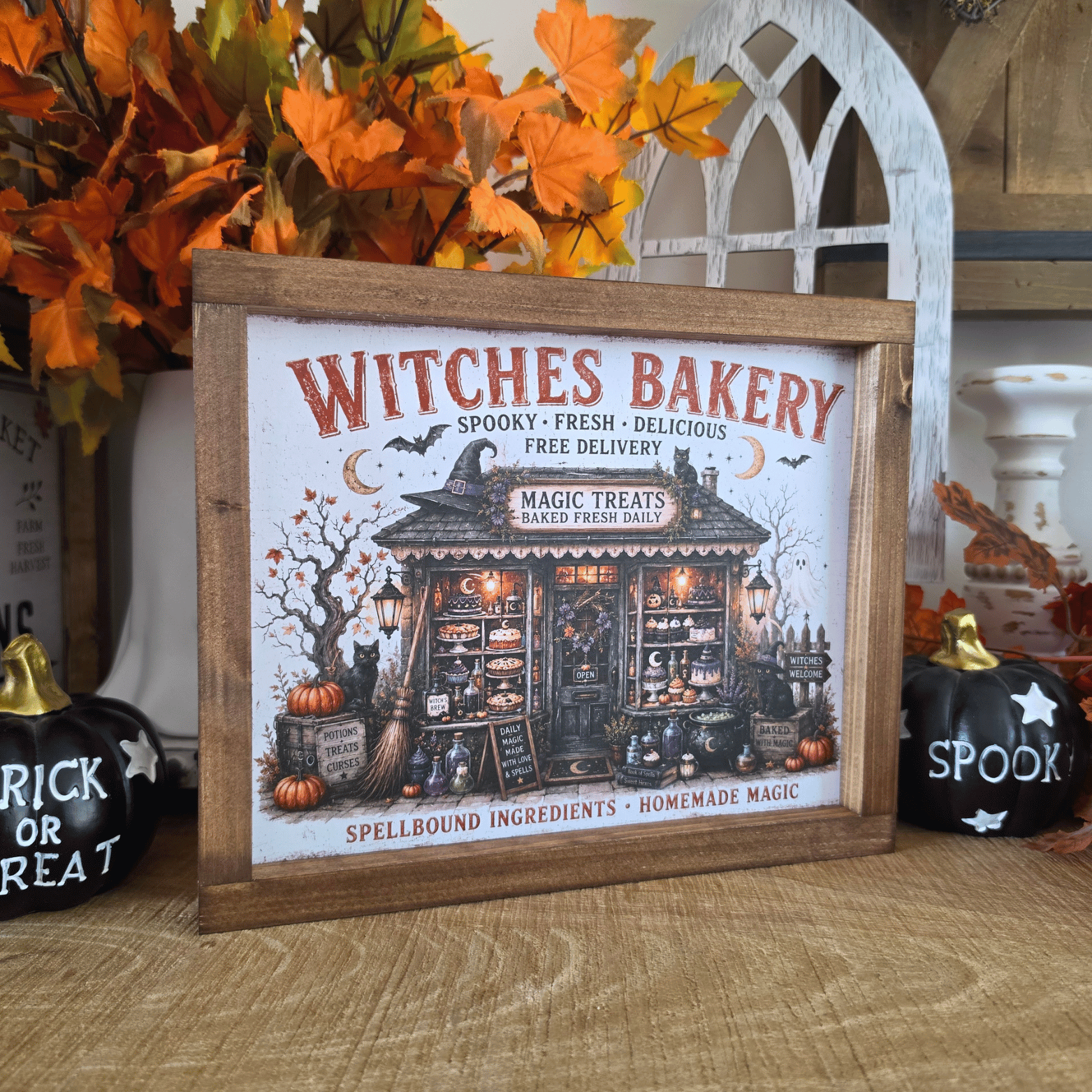 Cadre Witches Bakery farmhouse avec pâtisserie de sorcières