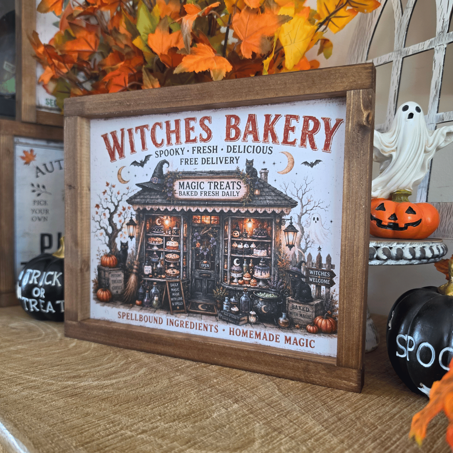 Cadre Witches Bakery farmhouse avec pâtisserie de sorcières