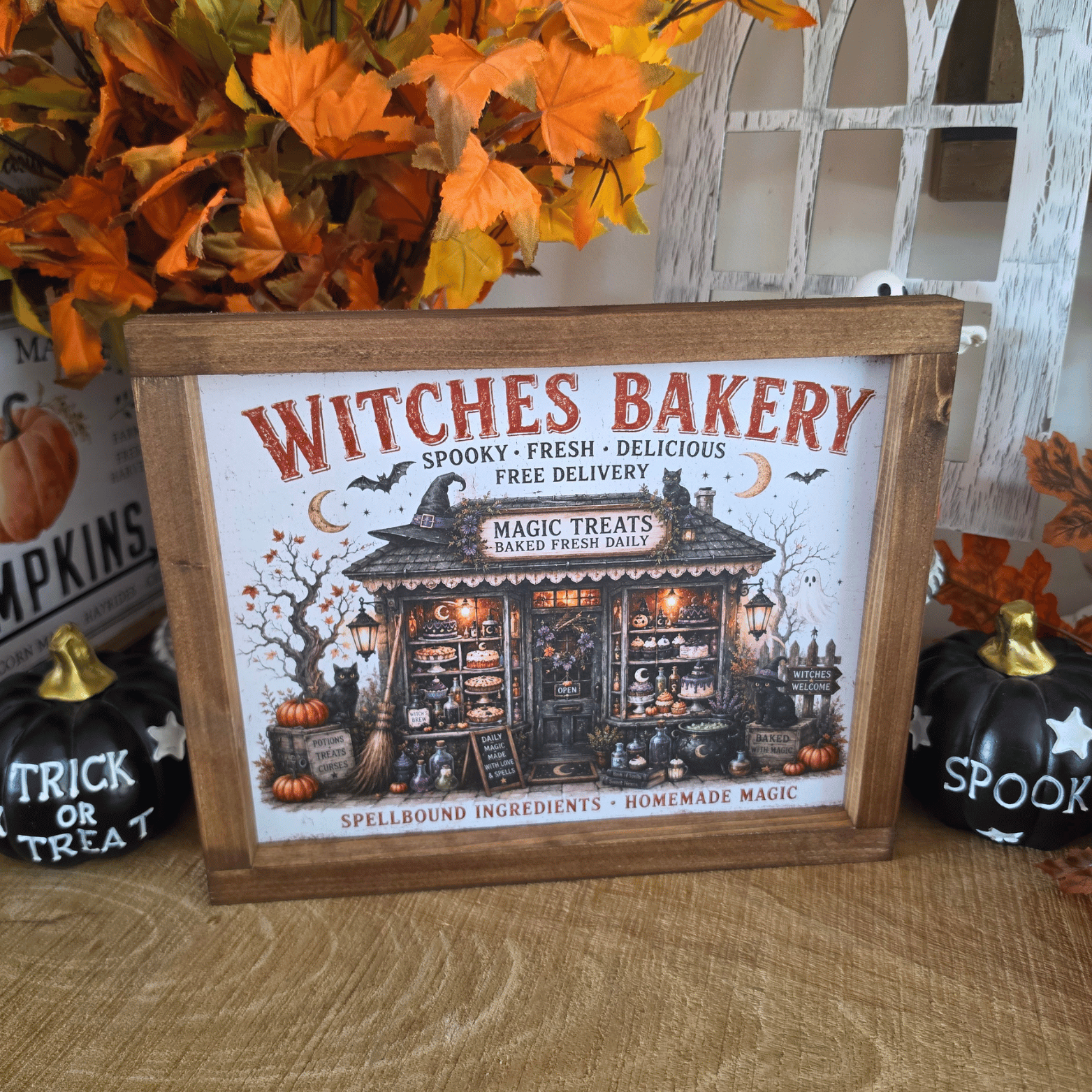 Cadre Witches Bakery farmhouse avec pâtisserie de sorcières