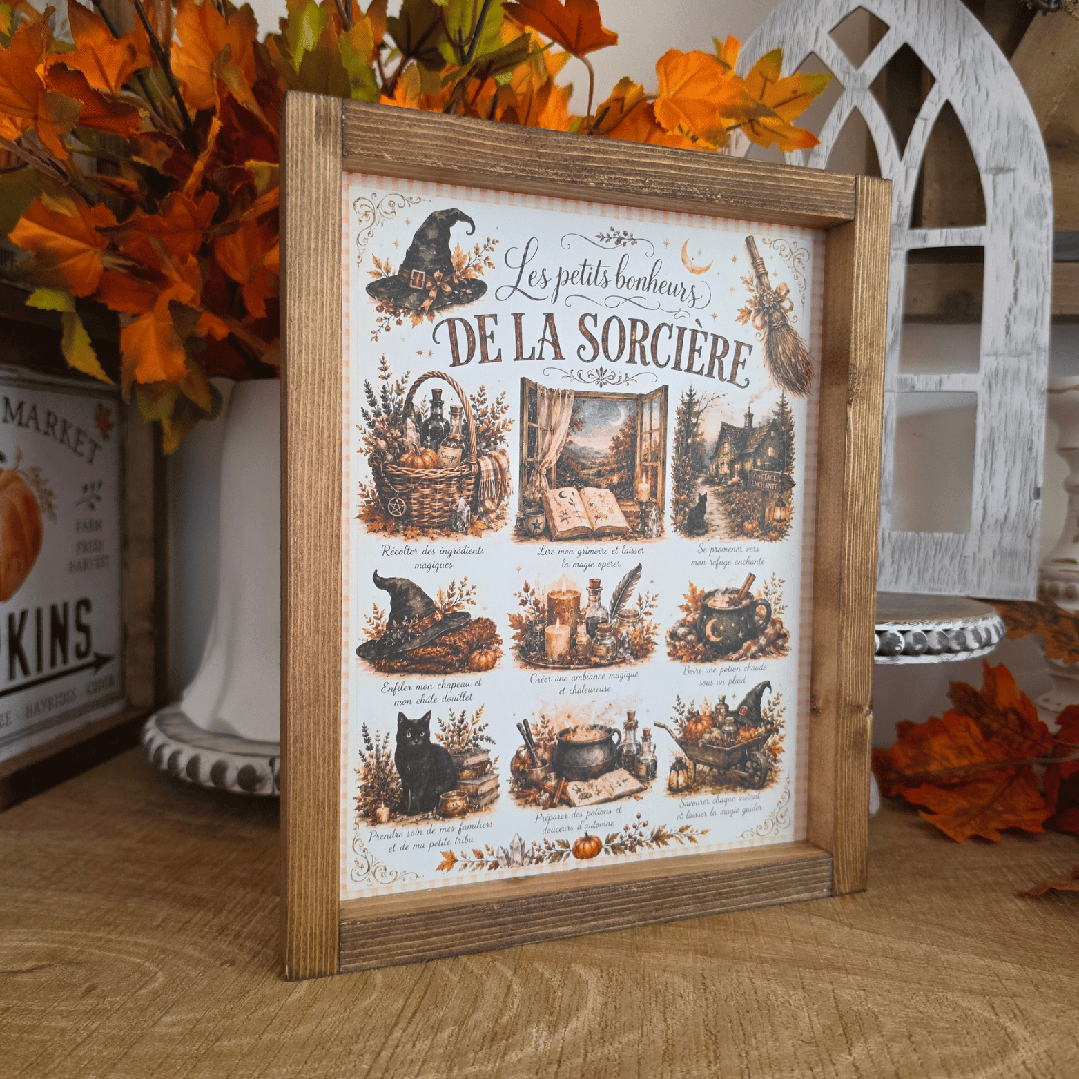 Cadre sign farmhouse Les Petits Bonheurs de la Sorcière avec chat noir, chaudron, potions et citrouilles