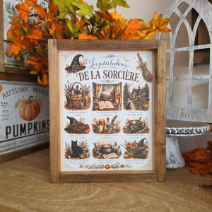 Cadre sign farmhouse Les Petits Bonheurs de la Sorcière avec chat noir, chaudron, potions et citrouilles