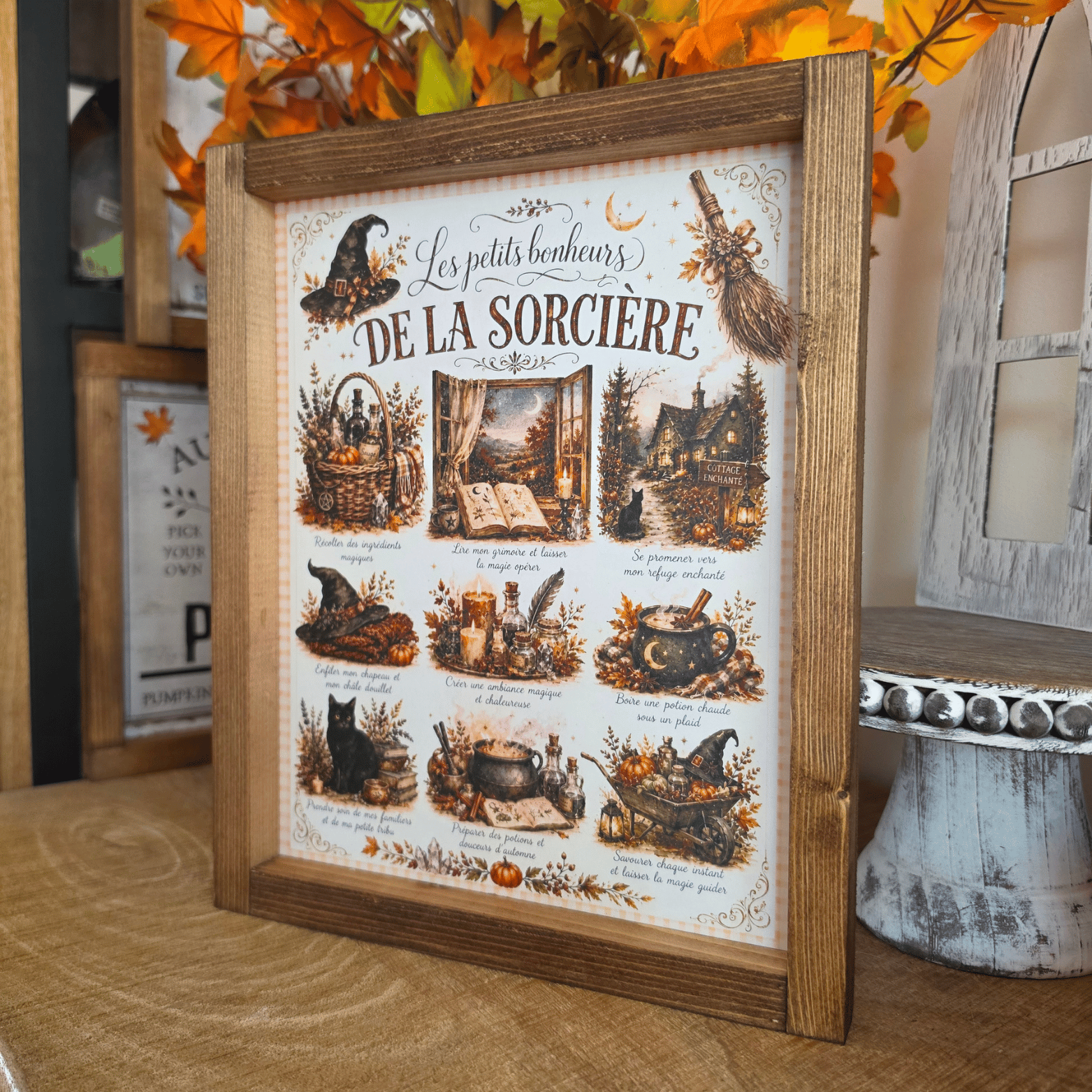 Cadre sign farmhouse Les Petits Bonheurs de la Sorcière avec chat noir, chaudron, potions et citrouilles