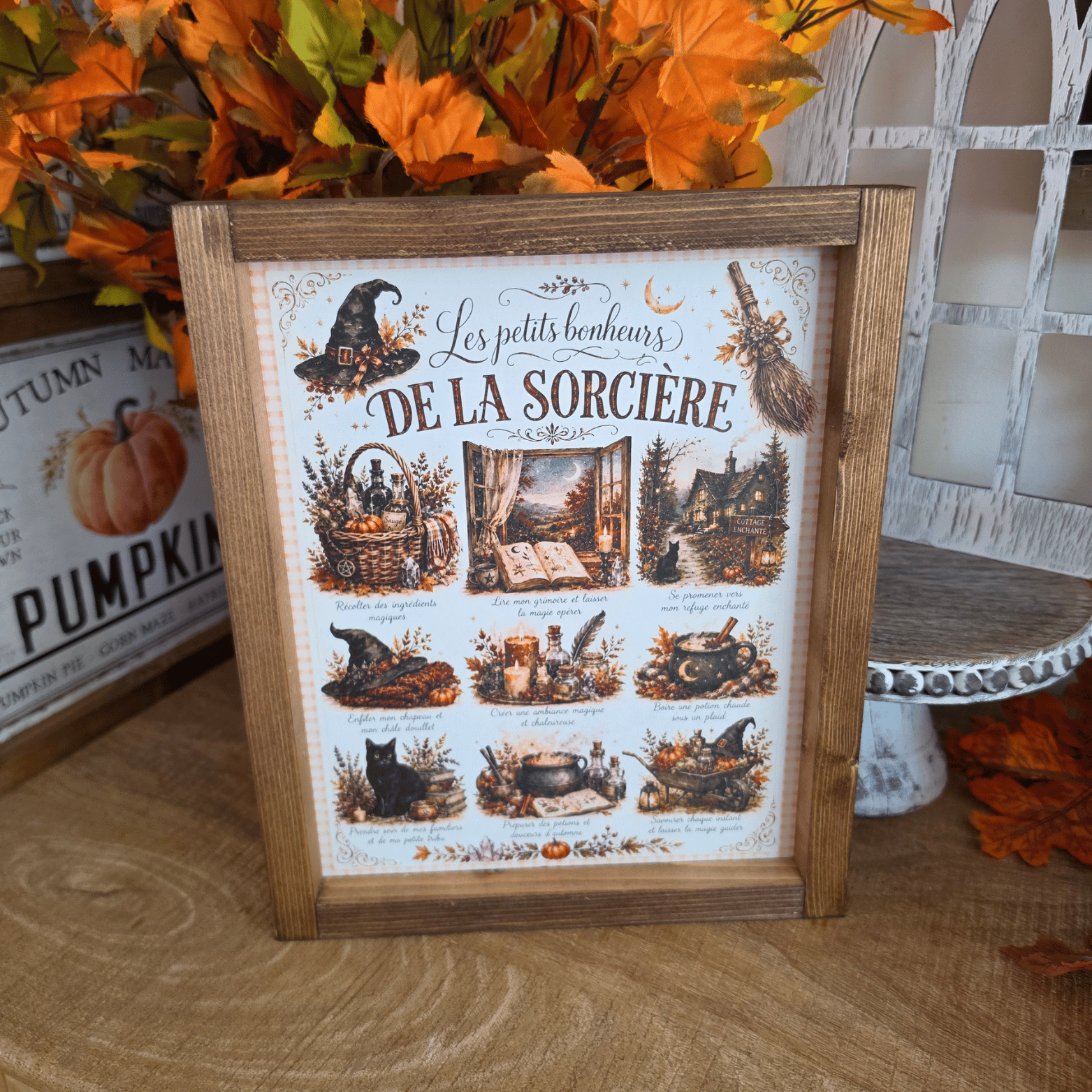 Cadre sign farmhouse Les Petits Bonheurs de la Sorcière avec chat noir, chaudron, potions et citrouilles