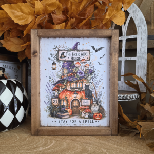 Cadre The Good Witch Inn farmhouse avec maison citrouille et chat noir