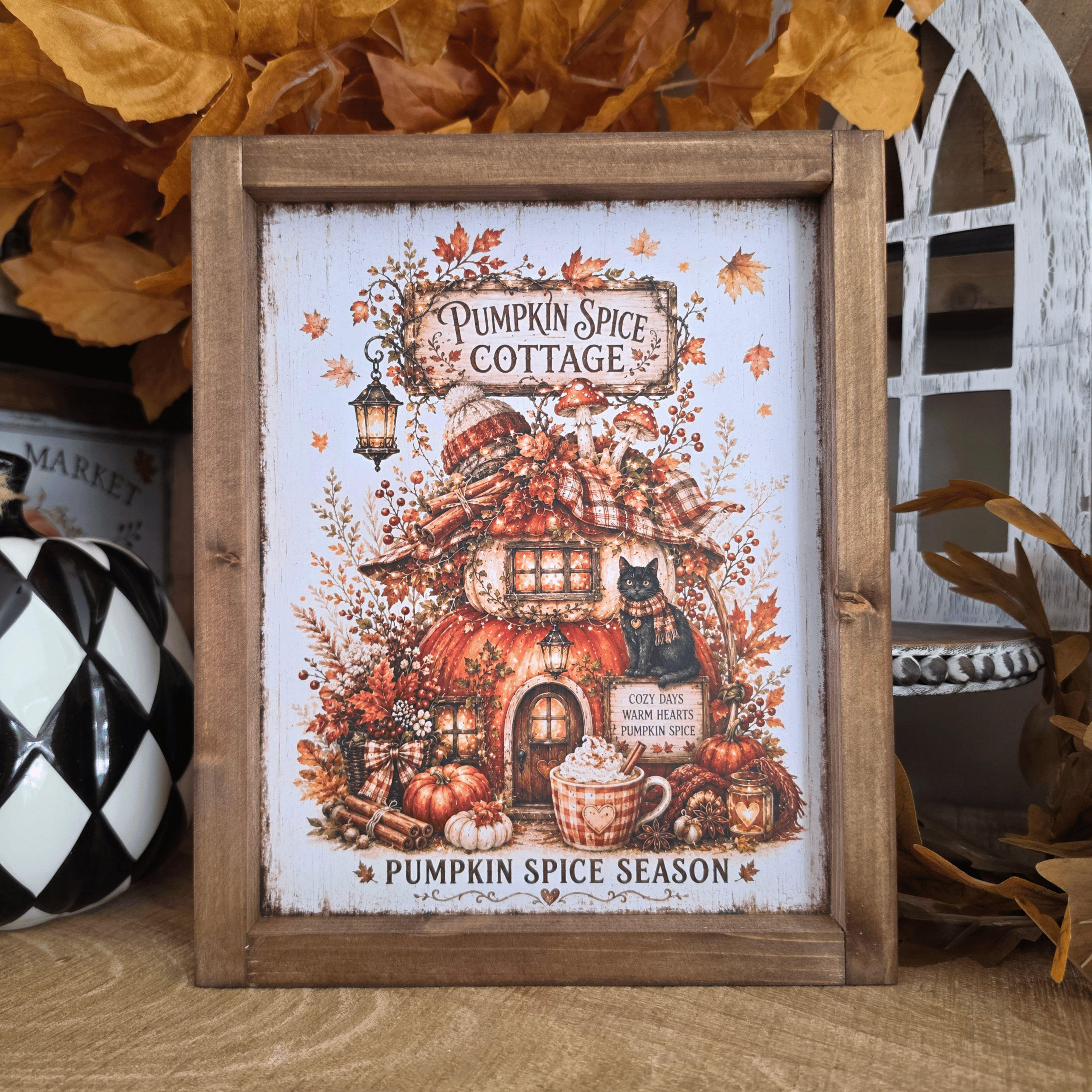 Cadre Pumpkin Spice Cottage farmhouse avec maison citrouille et chat noir