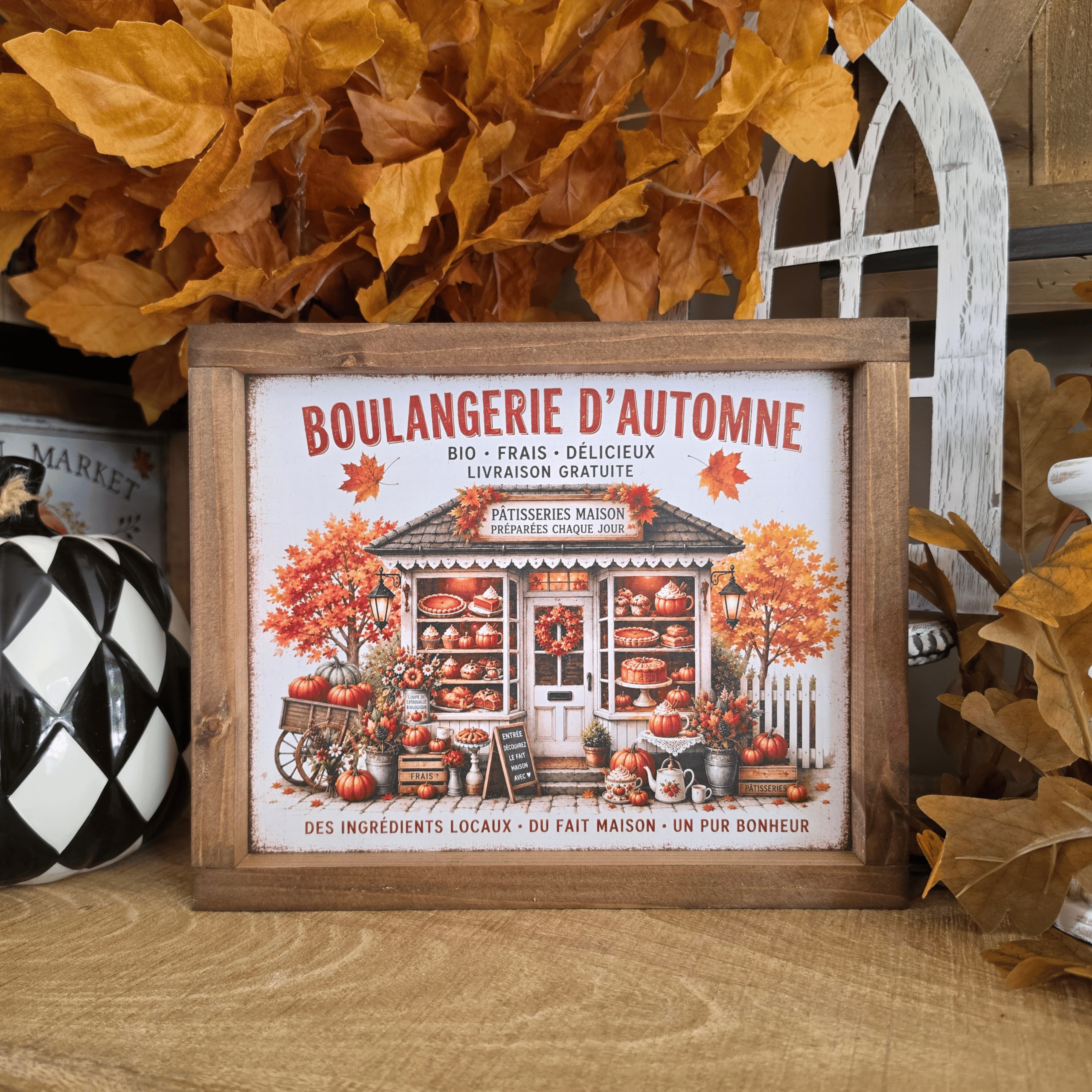 Cadre farmhouse Boulangerie d’Automne avec pâtisseries et citrouilles