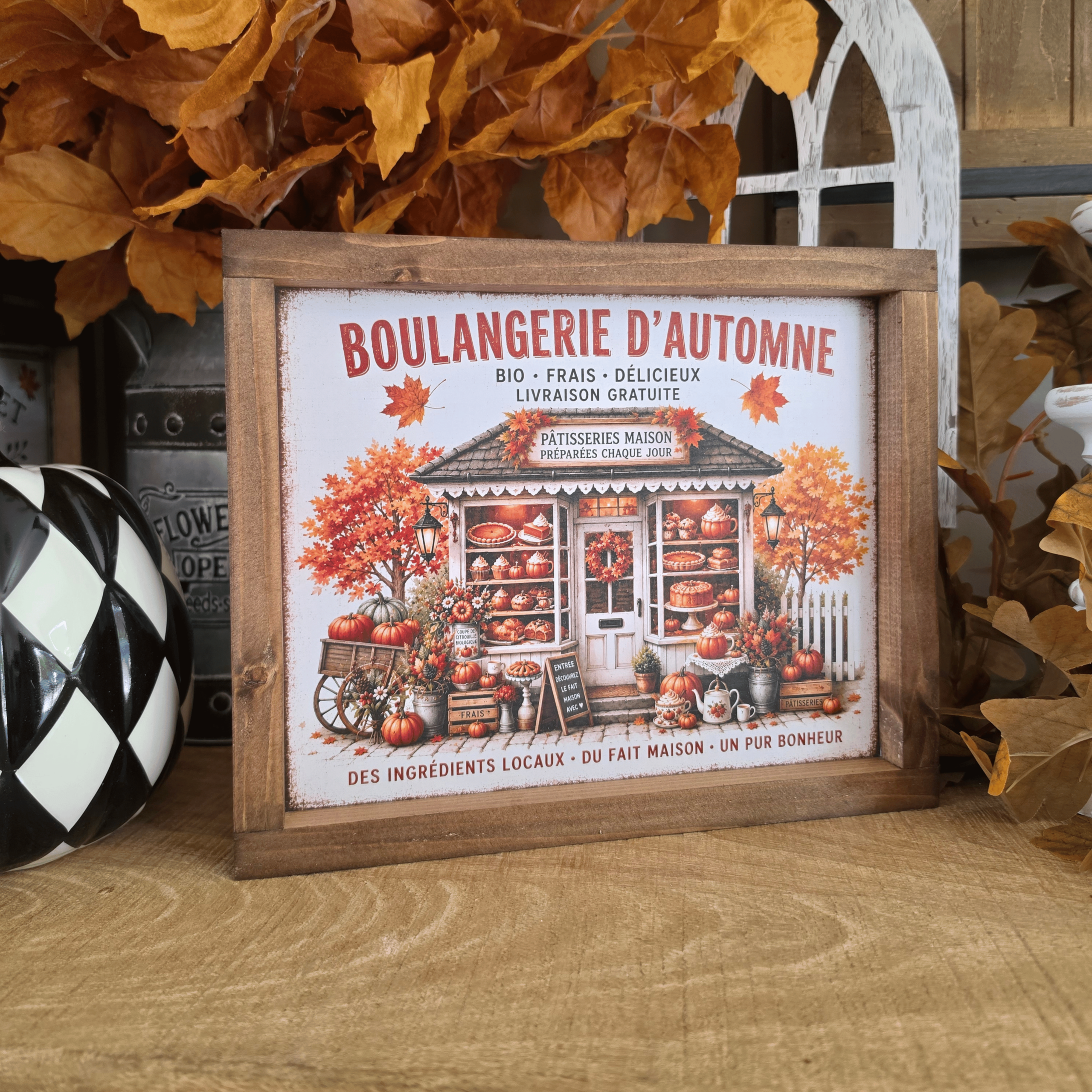 Cadre farmhouse Boulangerie d’Automne avec pâtisseries et citrouilles