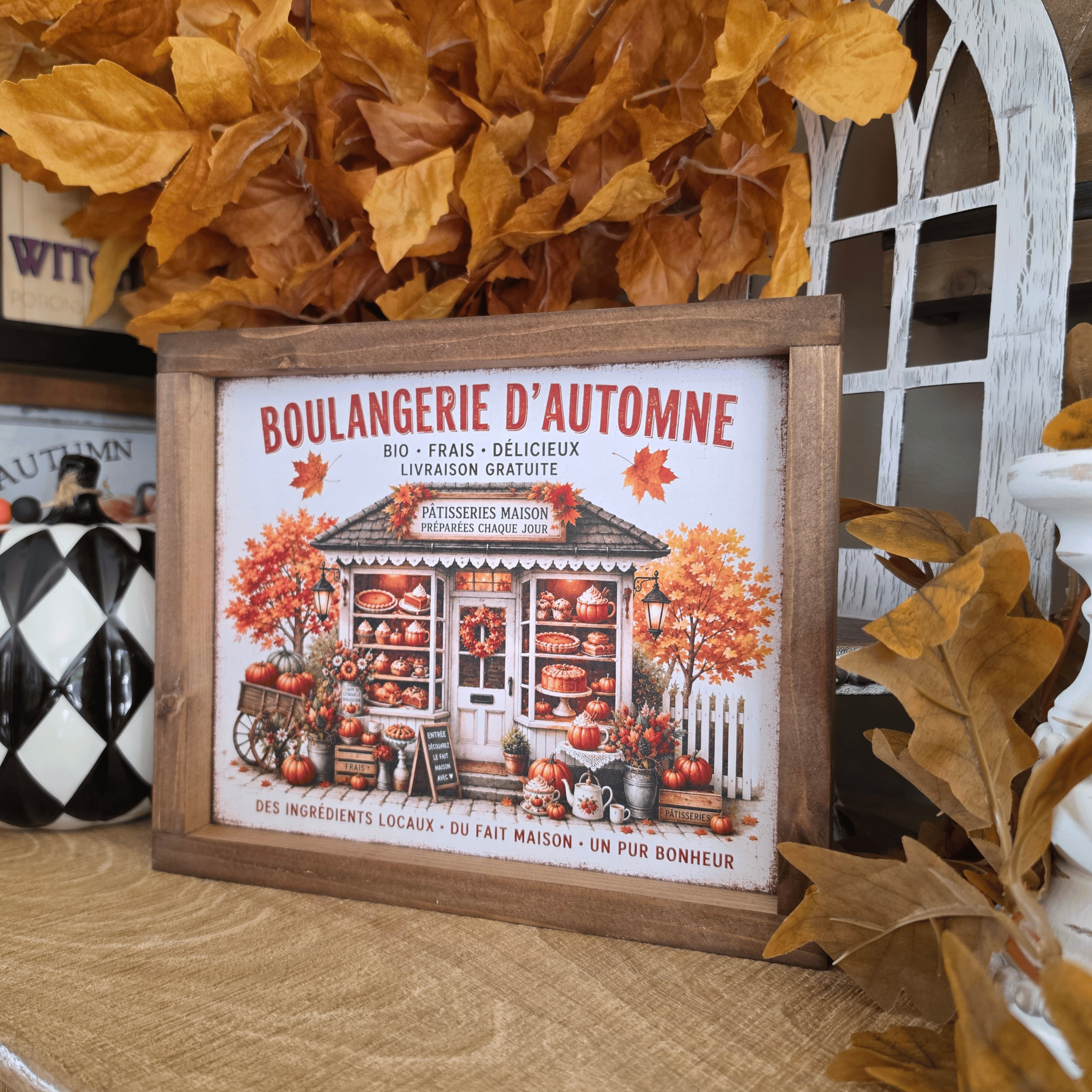 Cadre farmhouse Boulangerie d’Automne avec pâtisseries et citrouilles