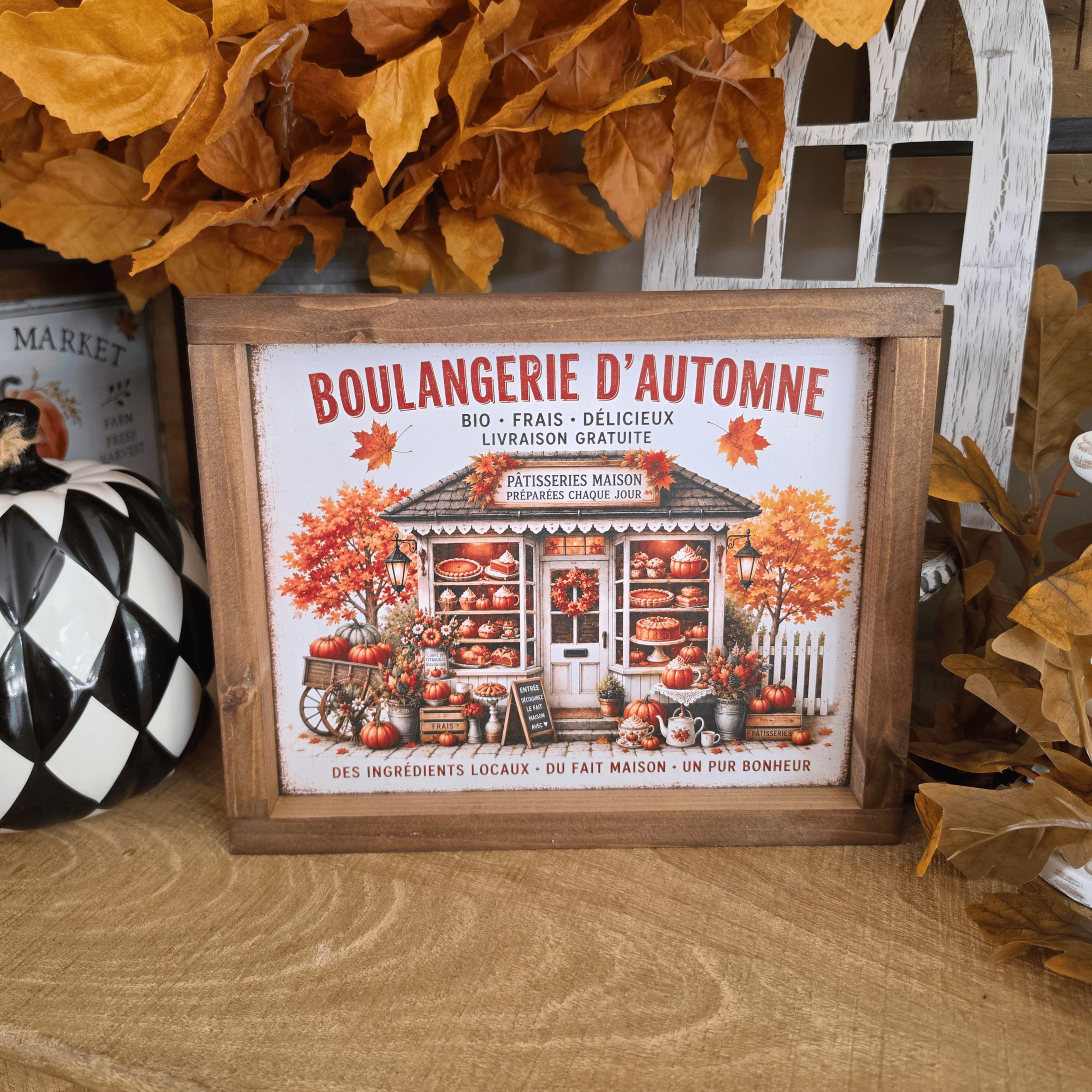 Cadre farmhouse Boulangerie d’Automne avec pâtisseries et citrouilles