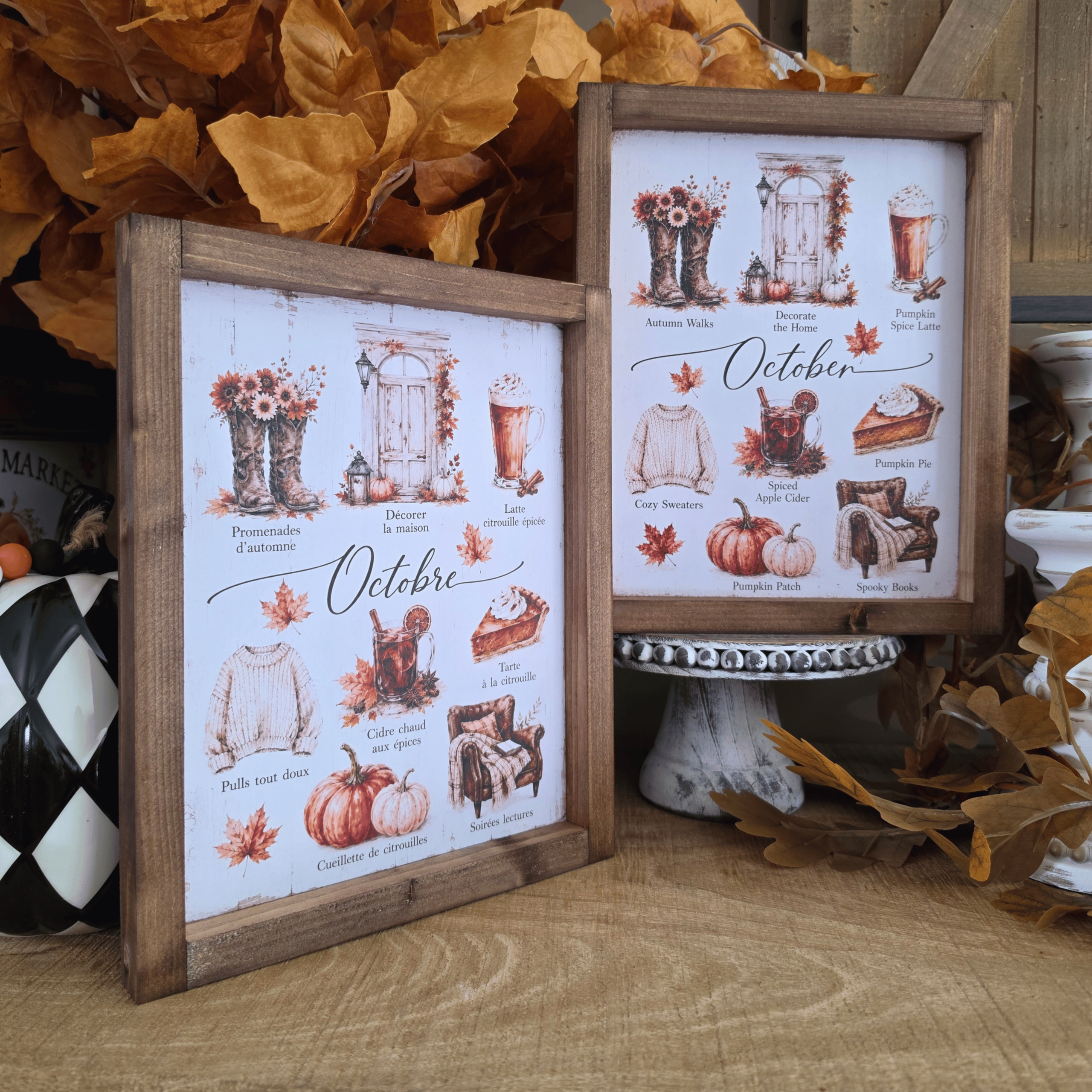 Cadre automne farmhouse Les Plaisirs d’Octobre en français et en anglais