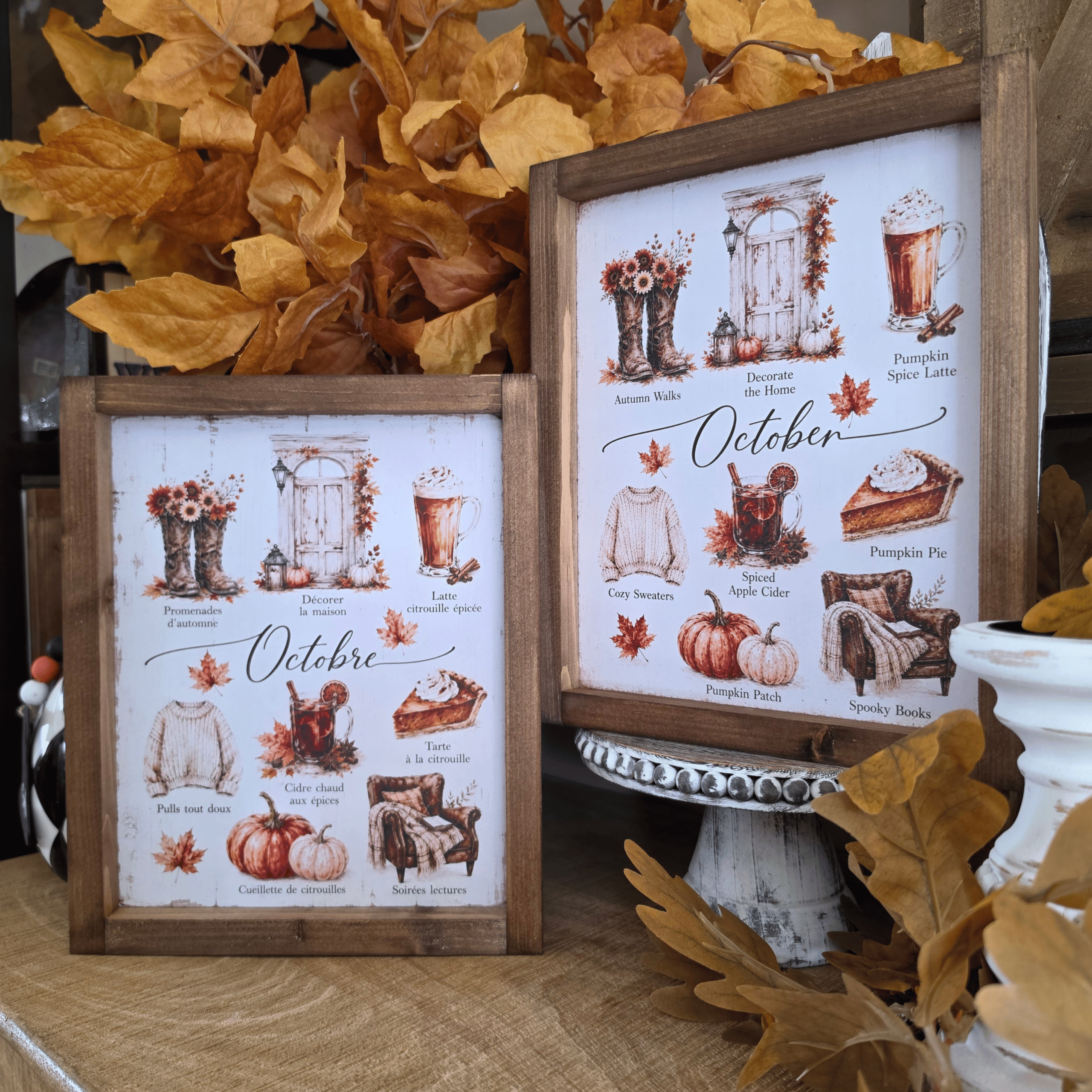 Cadre automne farmhouse Les Plaisirs d’Octobre en français et en anglais
